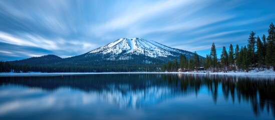 Serene mountain lake mirroring snowy peak under a twilight sky