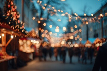Blurred festive street scene at night, twinkling lights, and bustling crowd at a Christmas market