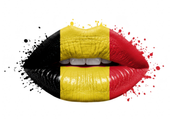 A closeup of a womans lips painted with the colors of the belgian flag featuring a paint splatter effect on a transparent background