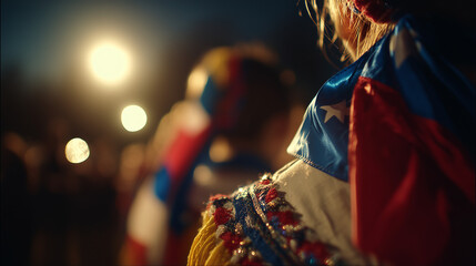 Patriotic Costume and Chilean Flag Details During a Night Celebration of Día de la Independencia de Chile Festivities