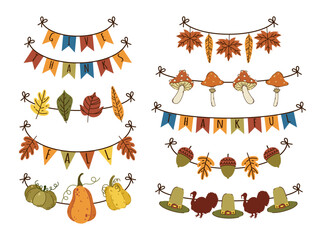 Autumn garlands, vector set. Oak and maple leaves, acorns hanging on a string. Holiday banners with gratitude, turkey, pumpkins, fly agaric mushrooms. Colorful decorations for Thanksgiving, fall party