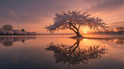 Fototapeta premium Picturesque Cherry Blossom Tree Reflection Sunrise