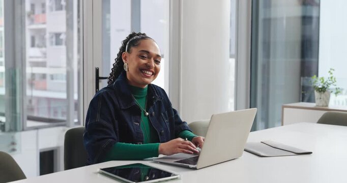 Face, smile and woman with laptop in office for career pride, editing article and review feedback. Portrait, journalist and online for about us, proofreading story and news information on publication