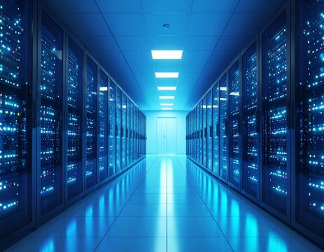 Symmetrical Data Center Corridor with Glowing Servers