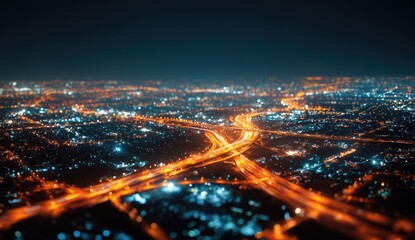 Night cityscape, aerial view, blurred lights, highway intersection