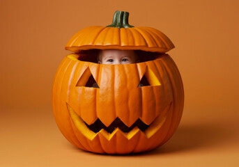 Child inside a carved pumpkin with humorous face on a vibrant orange background during Halloween season