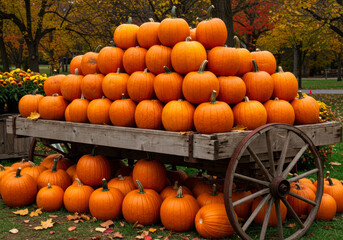 Vibrant pumpkins stacked on a wooden cart in an autumn park surrounded by colorful foliage