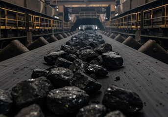 Coal being transported on a conveyor belt in an industrial facility during daytime operations