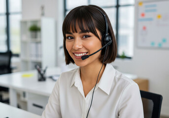 Customer service representative assisting clients in a modern office environment during work hours