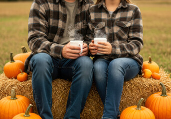 Couples enjoy warm drinks while sitting on hay bales surrounded by pumpkins during an autumn afternoon