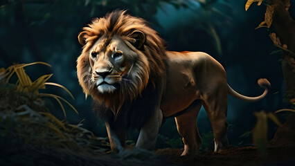 Lion portrait with African savanna landscape background banner, side view, Majestic lion in golden light, showcasing strength and beauty in its natural habitat.
 
