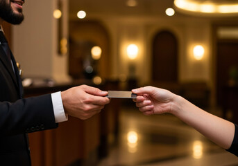 Customer checking in at a hotel reception desk while receiving a room key card from the staff member after a long journey