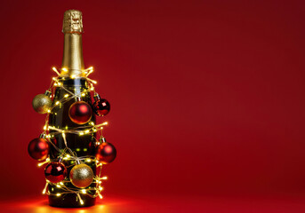 Champagne bottle decorated with lights and ornaments for holiday celebration