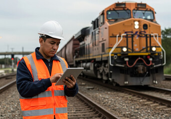 Rail worker checks data on a tablet while overseeing freight train operations at a railway yard