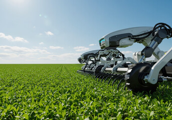 Advanced robotic machines working in a lush green field under a clear blue sky during daylight hours
