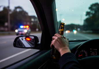 Individual holding a beer bottle in a car while police vehicle passes during twilight on a busy street