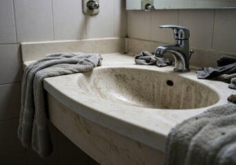 Sink area in a bathroom with dirty towels and water stains in a tidy yet neglected setting near midday