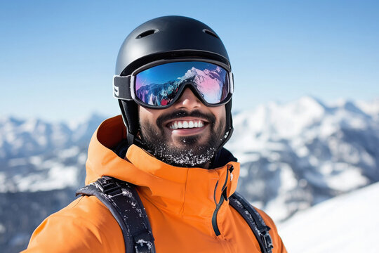 Good-looking indian man with a big smile wearing a tight ski suit, skiing on a snowy mountain, showing a waist line, a good figure