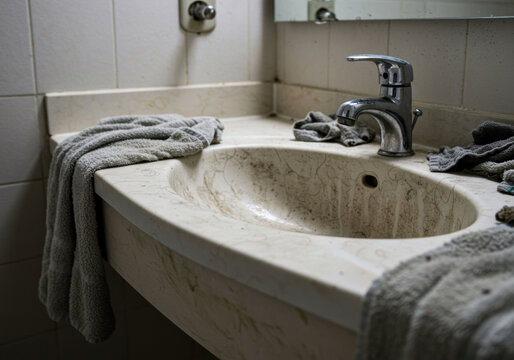Sink area in a bathroom with dirty towels and water stains in a tidy yet neglected setting near midday
