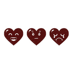 Three heart emojis displaying happy, surprised, and sad emotions isolated on transparent background