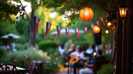 Festive Outdoor Gathering for Día de la Independencia de Chile with Music, Lanterns, and Chilean Banners