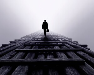 Silhouette of a businessman walking on a wooden path