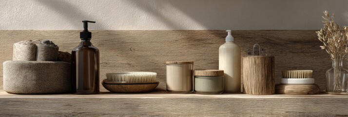 Eco-beauty Display Featuring Natural Wood Textures and Glass Jars in a Minimalist Setting With Soft Lighting