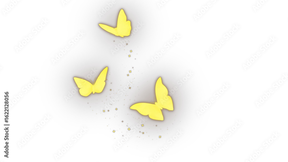 Fototapete three light yellow stylized butterflies with a subtle glow and scattered particles, creating a whims