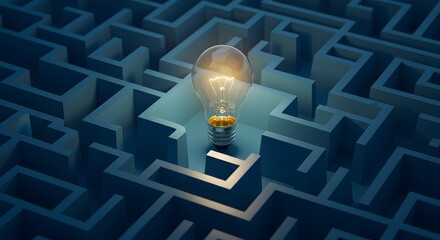 Light bulb shining inside a blue labyrinth, illustrating inventive thinking, strategic problem-solving, and breakthrough ideas in challenging situations.