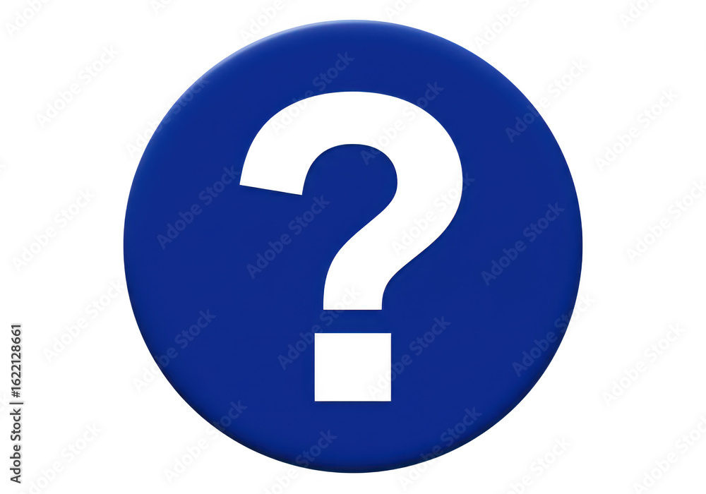 Poster a bold white question mark is prominently displayed on a vibrant blue circular background symbolizin