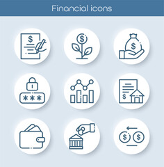 Simple set of financial line icons. Includes symbols of money, wallet, growth, transaction, banking, investment, report, password, and security. Ideal for finance, business, and banking projects.