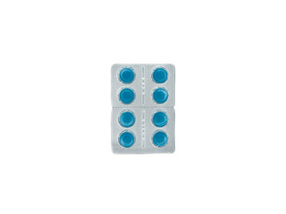 A blue pill is on a white background. There are six pills in total. The pill is in the middle of...