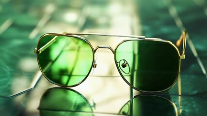 Stylish green sunglasses resting on a reflective green surface