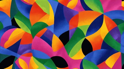 Fototapeta premium Colorful geometric abstraction with layered shapes in vibrant hues against a black backdrop