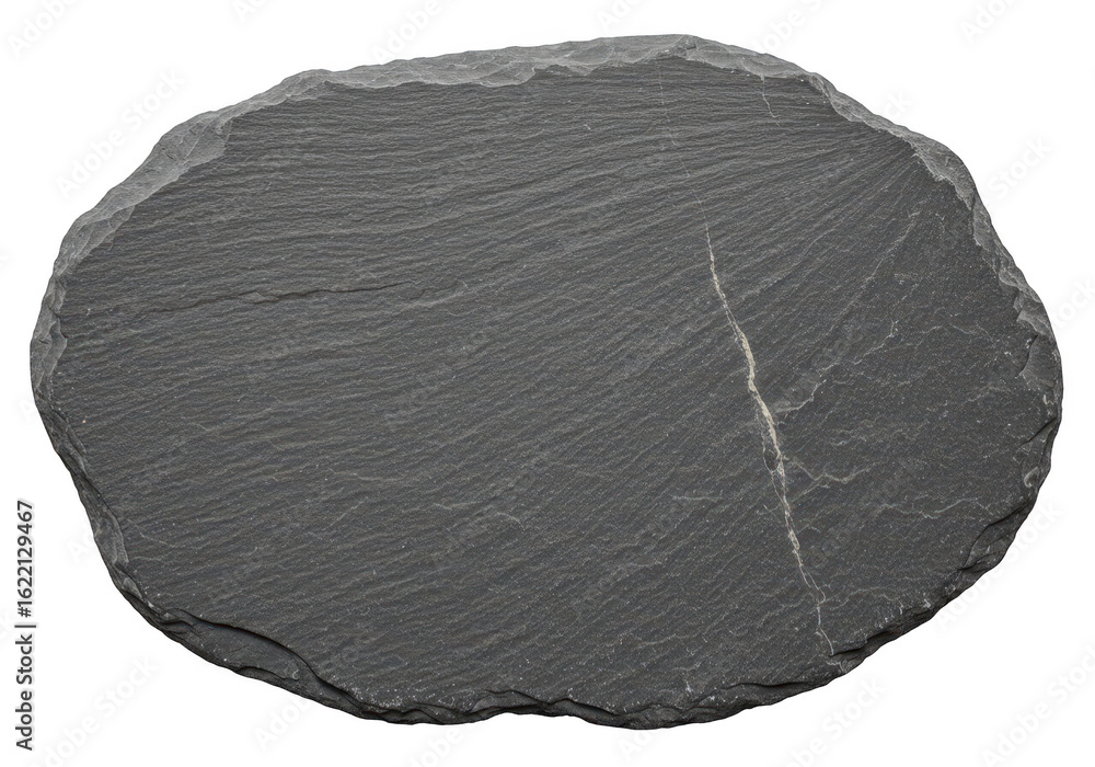 Poster an ovalshaped piece of dark grey slate stone with a rough texture and natural layered pattern is iso