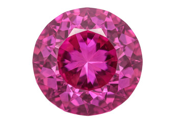 A vibrant pink faceted gemstone is shown from above sparkling with light and isolated on a transparent background