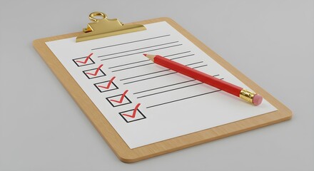 Clipboard with red check mark on a checklist and a pencil. Complete tasks and success concept for project management.