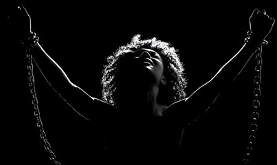 A woman breaking chains, arms raised in joy and freedom, symbolizing the end to a life of oppression.