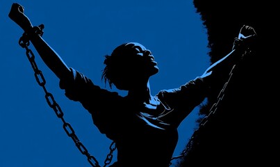 A woman breaking chains, arms raised in joy and freedom, symbolizing the end to a life of oppression.