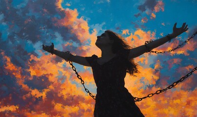A woman breaking chains, arms raised in joy and freedom, symbolizing the end to a life of oppression.