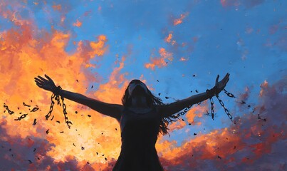 A woman breaking chains, arms raised in joy and freedom, symbolizing the end to a life of oppression.