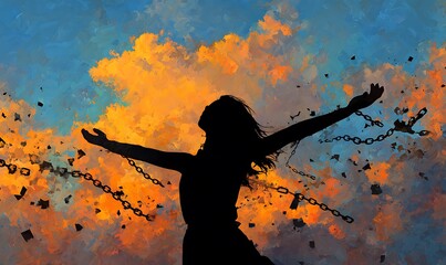 A woman breaking chains, arms raised in joy and freedom, symbolizing the end to a life of oppression.