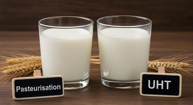 Two glasses of milk with signs for pasteurisation and UHT, contrasting milk processing methods on wooden table.
