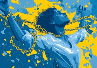 A woman breaking chains, arms raised in joy and freedom, symbolizing the end to a life of oppression.