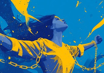 A woman breaking chains, arms raised in joy and freedom, symbolizing the end to a life of oppression.
