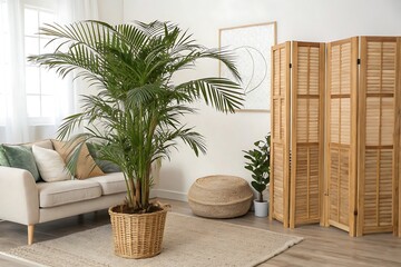 Living room with a couch, a plant, and a rug