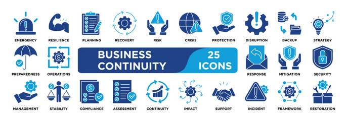Business Continuity icon collection set. Containing continuity,resilience,planning,recovery,disruption,risk,crisis,emergency,backup,strategy icon. dual tone vector.	