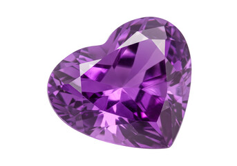 A sparkling purple amethyst gemstone is expertly cut into a heart shape and presented against a clean transparent background