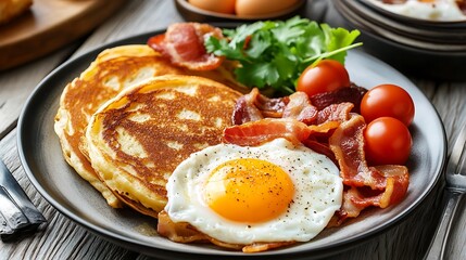 Traditional full breakfast eggs pancakes with bacon and toast