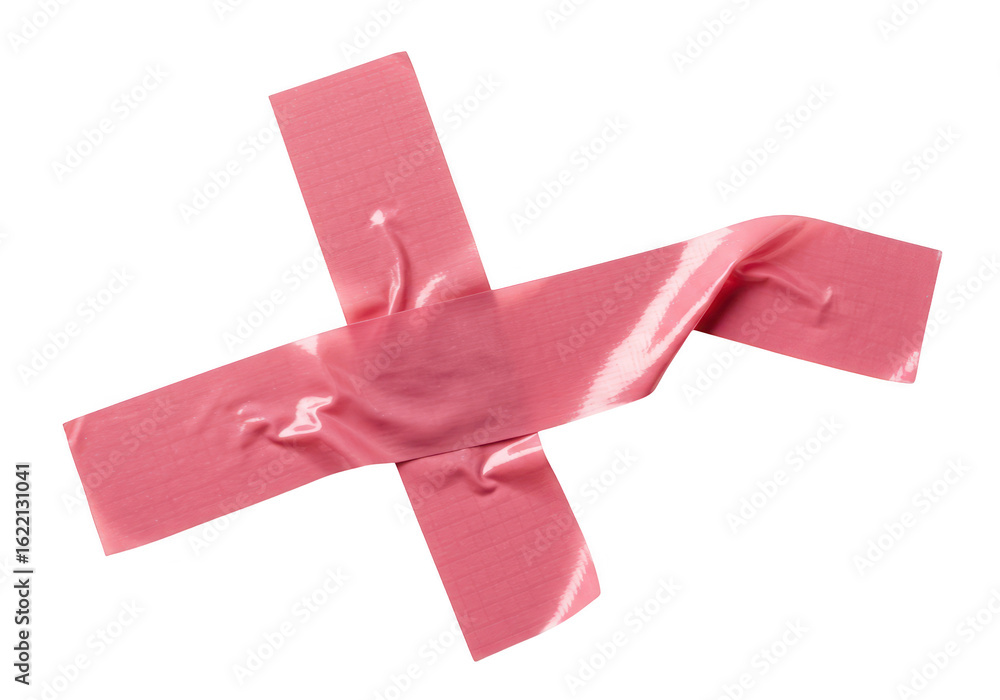 Poster a cross shape made of pink adhesive tape is isolated on a transparent background showcasing its text